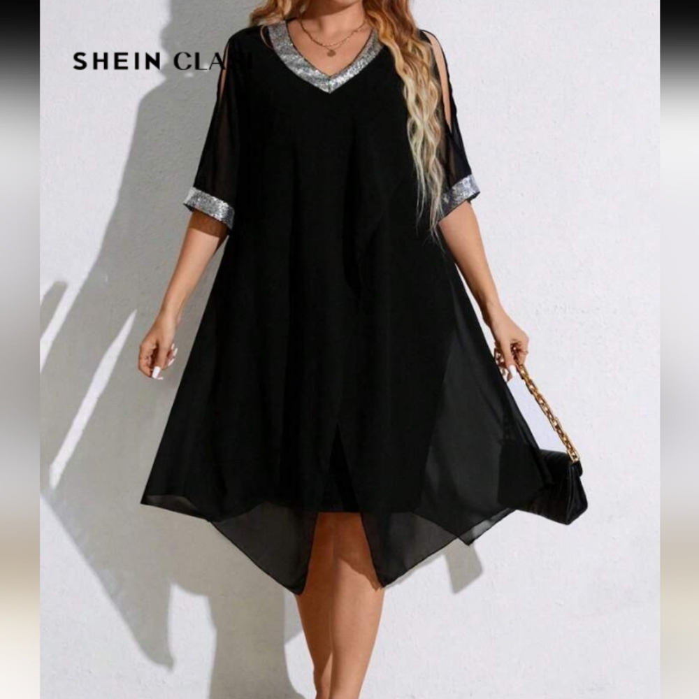 Black SHEIN Clasi Women's Sequined Patchwork Dress